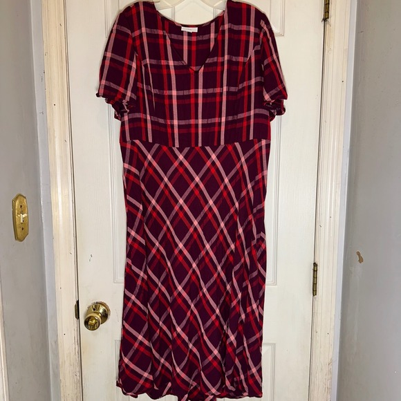 J. Jill Plaid Midi Dress V-Neck Short Sleeve Casual Burgundy Size Large - Picture 2 of 9